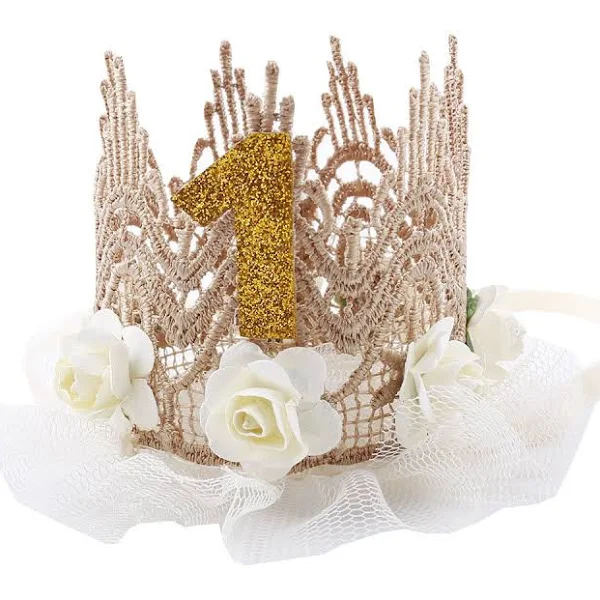 June Bloomy Baby Golden Lace Rose Flower Crown 1st Birthday Headband Princess Tiara