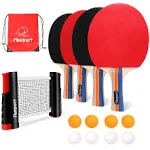 FBSPORT Ping Pong Paddle Set, Table Tennis Set with 4 Rackets and 8 Balls, Retractable Net with Storage Bag - Pingpong Paddle Accessories for Indoor/Outdoor Games