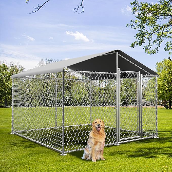 Lyromix Large Dog Kennel Outdoor Heavy Duty Outdoor Dog Kennel Chain Link Dog Cage Dog Playpen Dogs Run with Lock UV & Waterproof Roof for Backyar