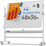 Rolling Dry Erase Board 48 x 36 - Large Portable Magnetic Whiteboard with Stand.