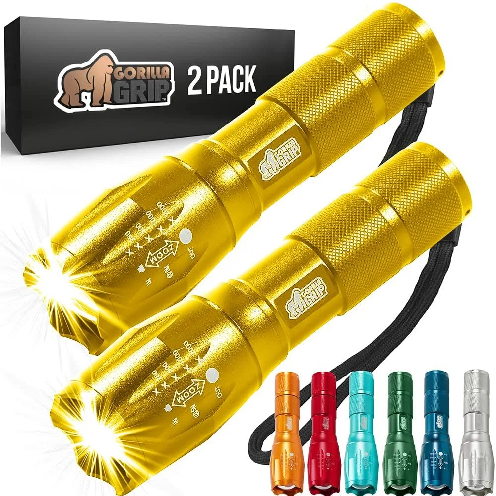 Gorilla Grip Powerful LED 750 FT Water Resistant 5 Adjustable Mode Tactical Flashlight, High Lumens Ultra Bright Battery Zoom Flashlights, Small Camping Car Mini Flash Light Accessories, 2 Pack Gold