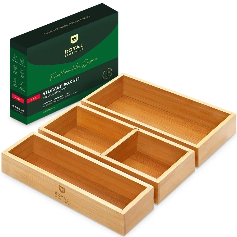 3 Natural Bamboo Drawer Organizers Perfect for Kitchen, Bathroom, Office Desk