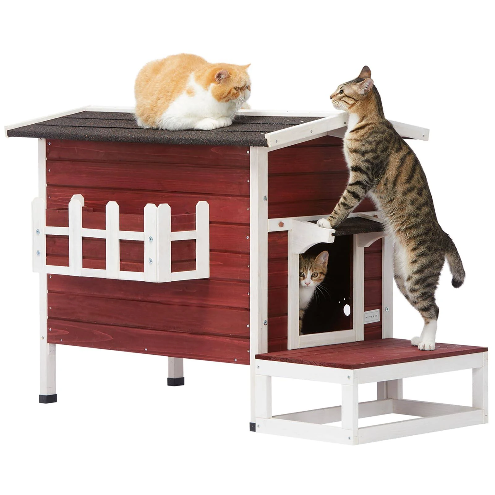 Petsfit Large Outdoor Cat House for 3 Adult Cats Waterproof, Outside Feral Cat Shelter with Escape Door & Stair Weatherproof