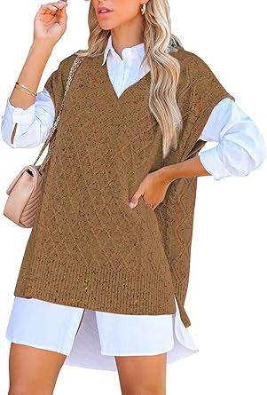 Viottiset Women's Oversized V Neck Knit Sweater Vest Tunic Sleeveless Pullover Top