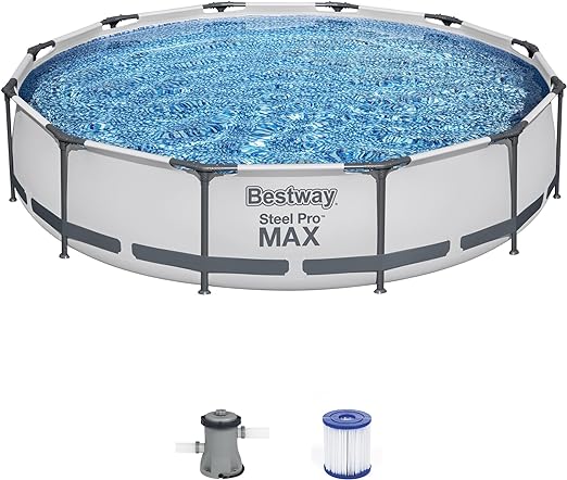 Bestway Steel Pro MAX 12 Foot x 30 Inch Round Metal Frame Above Ground Outdoor Backyard Swimming Pool Set with 330 GPH Filter Pump