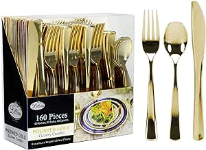 Plastic Cutlery Silverware Extra Heavyweight Disposable Flatware, Full Size Cutlery Combo, Polished Gold, 80 Forks, 40 Spoons, 40 Knifes, 160 Count