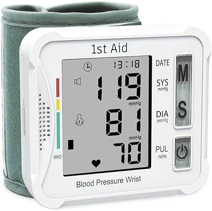 Portable Blood Pressure Monitors for Home Use Adjustable Blood Pressure Wrist Cuff Automatic Bp Machine Large Screen Display Reading Memory bp Pressure Monitor Wrist, White 1st Aid