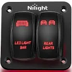 Nilight 2 Gang Rocker Switch Panel LED Light Bar Switch Rear Lights Switch 12 24V DC Red Switches 5Pin On Off Pre Wired Toggle Switch Panel for Cars