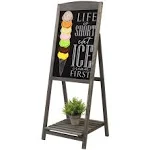 MyGift Vintage Gray Wood A-Frame Chalkboard Easel, 45" Freestanding Decorative Chalkboard Sign with Plant Shelf Stand