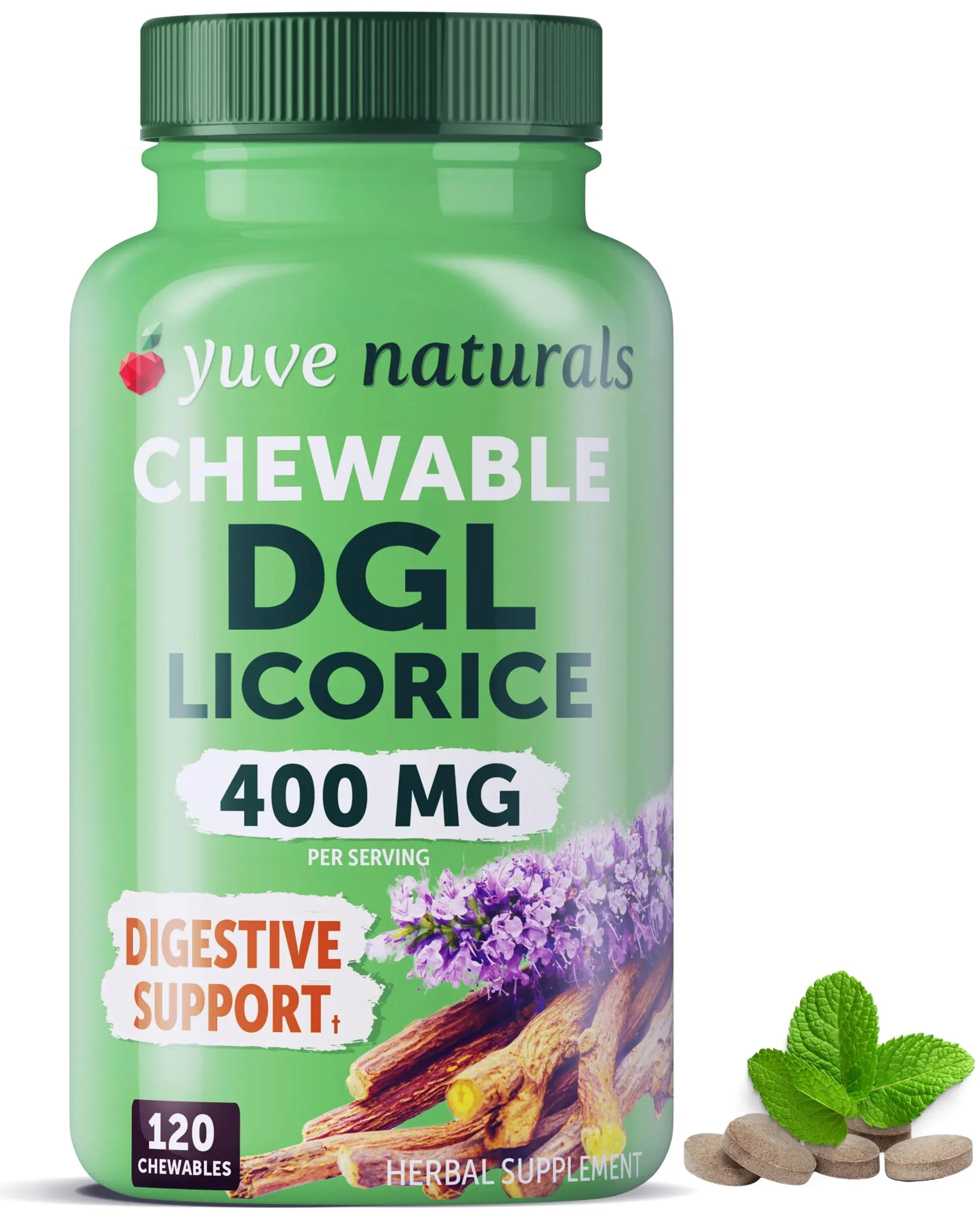 Yuve Vegan DGL Licorice Chewable Tablets 400mg - Support Stomach, Gut & Intestinal Relief - Natural Acid Reflux Formula - Ultra Pure DGL Deglycyrrhizinated Licorice Root Extract DGL Supplement - 120ct