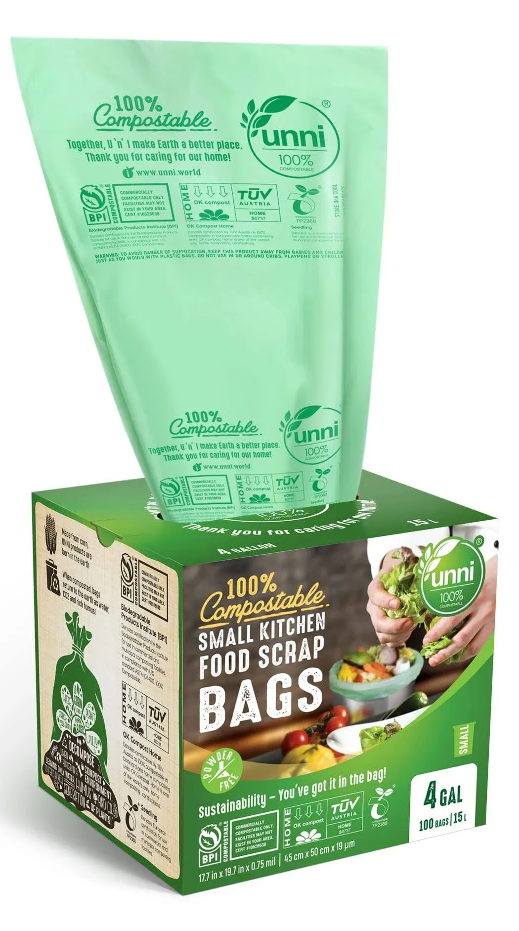 UNNI Compostable 4 Gallon Garbage Bags, 100 Bags Per Roll, Certified Biodegradable, Plant-Based, Ethical Choice for Environment