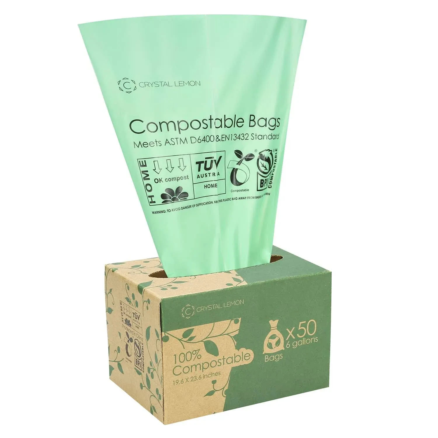 C Crystal Lemon 50 Counts Compostable Trash Bags, 6 Gallon Heavy Duty Trash Bags ...