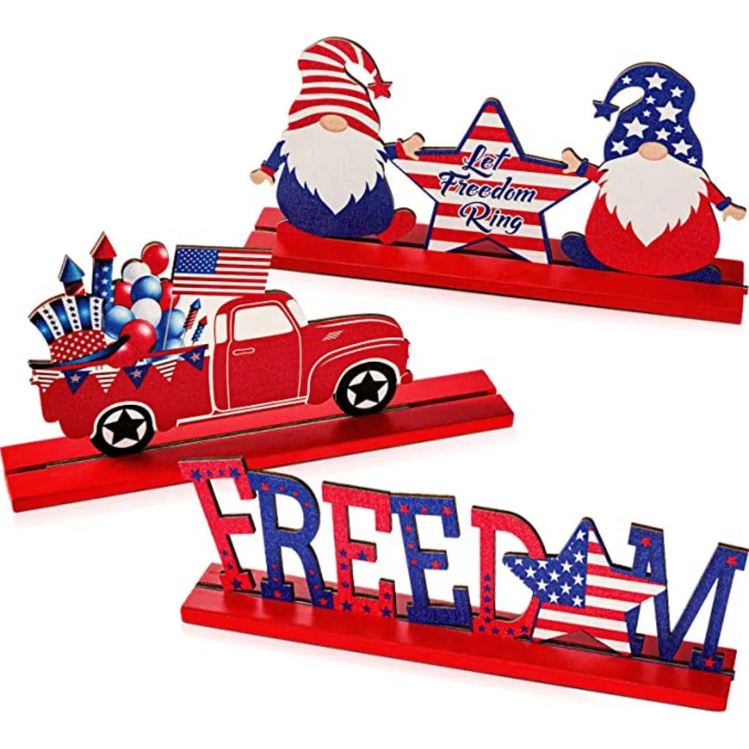 3 Pieces Patriotic Table Decoration Signs Memorial Day Table Decor Wooden Table Centerpieces Sign Independence Day Table Topper For 4Th Of July Party