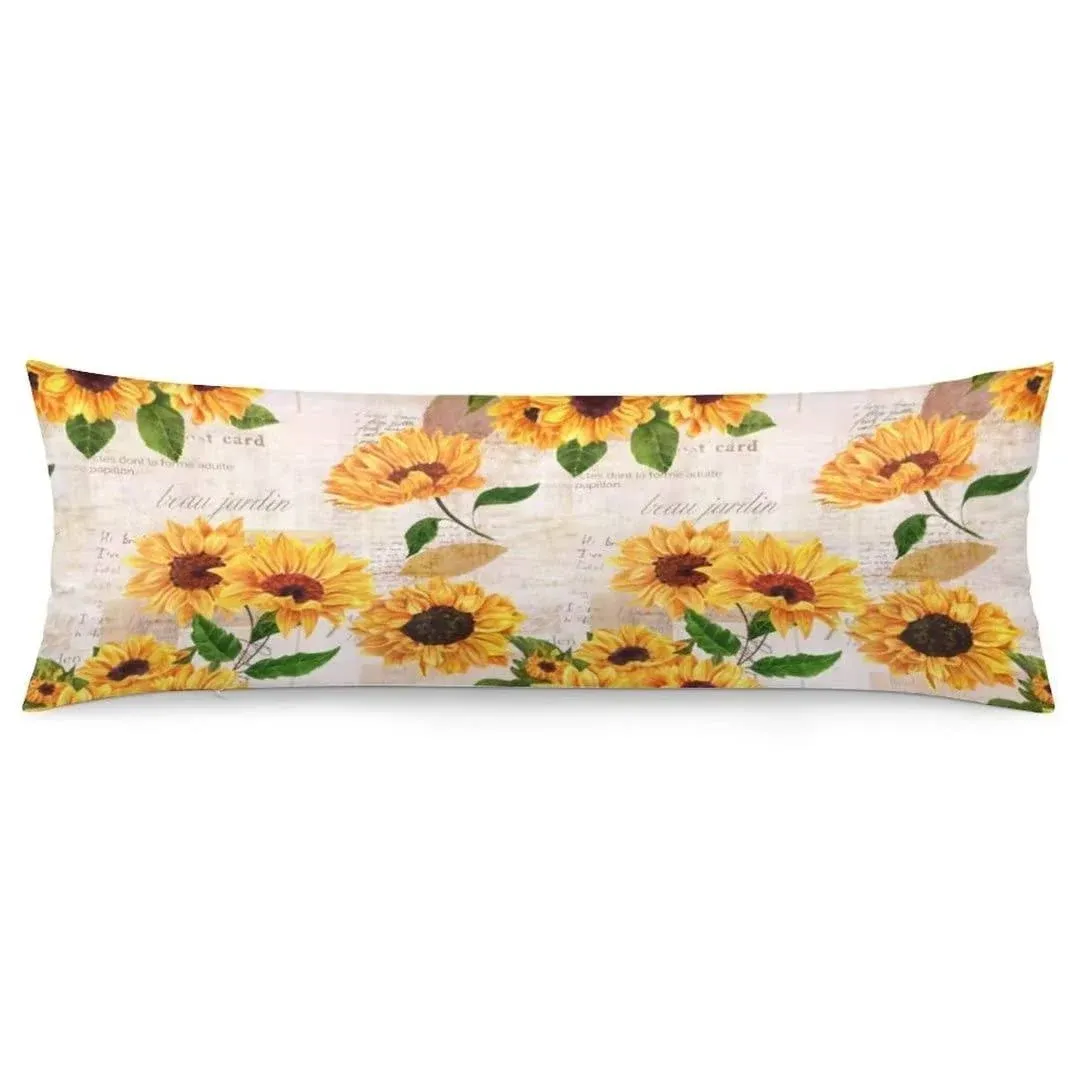 Sunflower Body Pillow Cover Vintage Sunflowers Floral Green Leaf Long Pillow ...