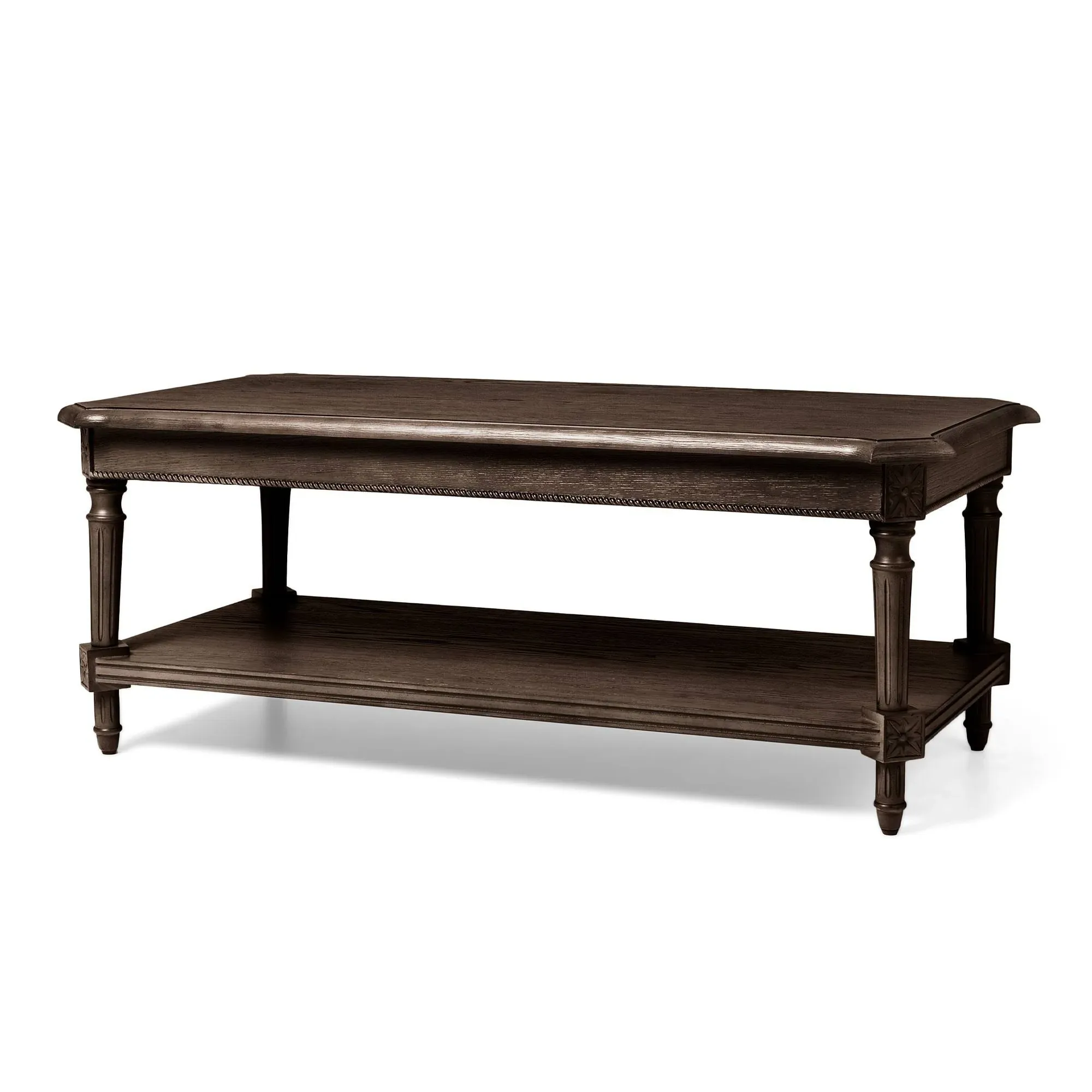 Maven Lane Pullman Large 2 Tier Traditional Rectangular Wooden Center Coffee Table with Shelf Storage in Rustic Antiqued Grey Finish