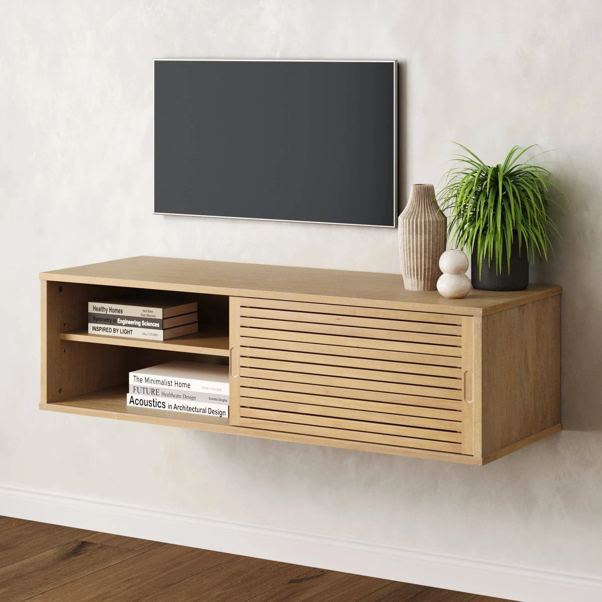 Nathan James Monroe Floating TV Stand, Wall Mount TV Console with Storage, Modern Media Cabinet - Light Brown