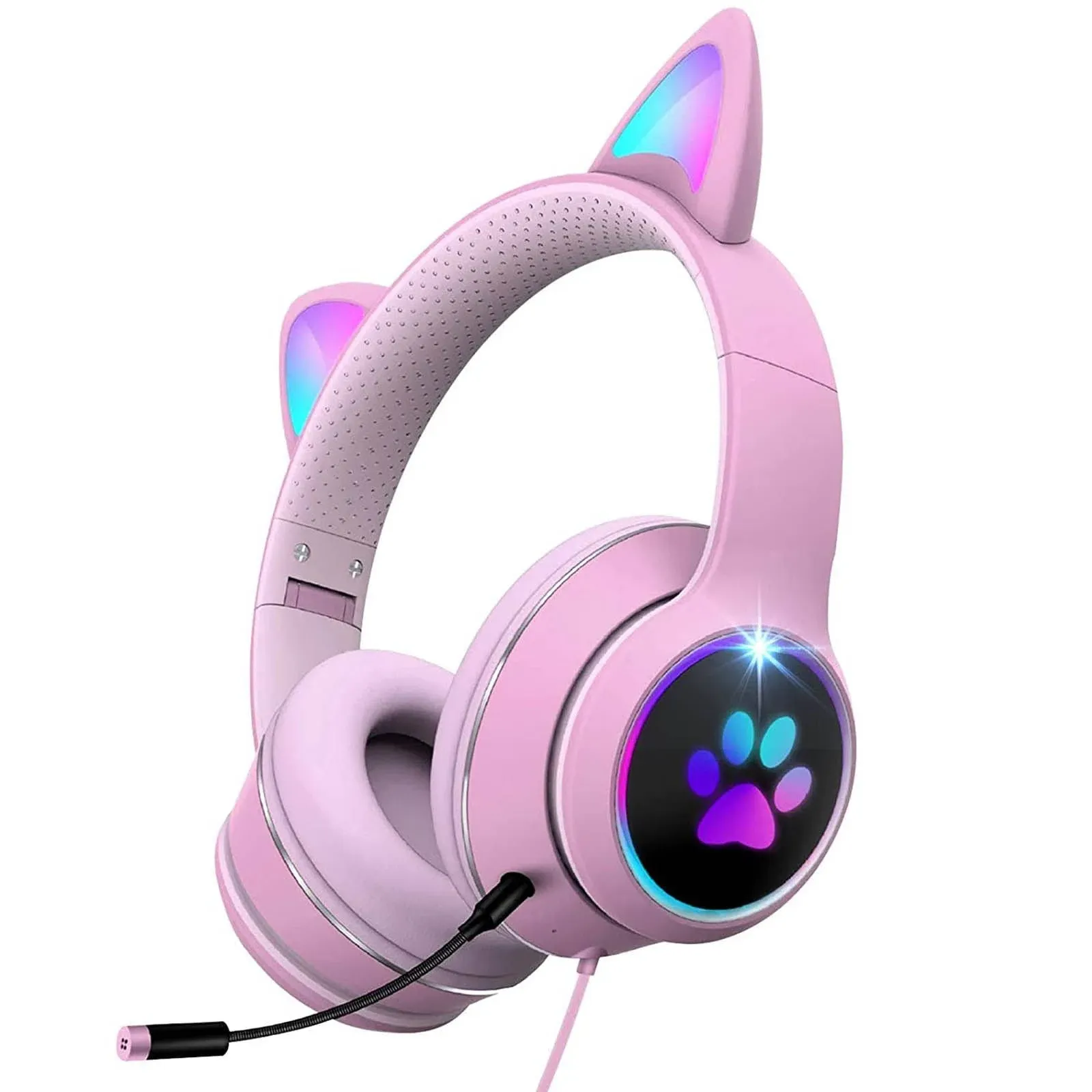 Stereo Gaming Headset for PS4 PC PS5 Xbox One Nintendo Switch, Wired Cat Ear Headphones with Mic, Surround Bass, Soft Earmuffs, Noise Cancelling Over Ear Headphones for Girls Kids, Pink