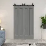 CALHOME 60 in. x 80 in. 1 Panel Shaker Light Gray Painted MDF Composite Double Bi-Fold Barn Door with Sliding Hardware Kit BIFOLD-1602-4-TOP+BF-1PANEL-30SG(2)