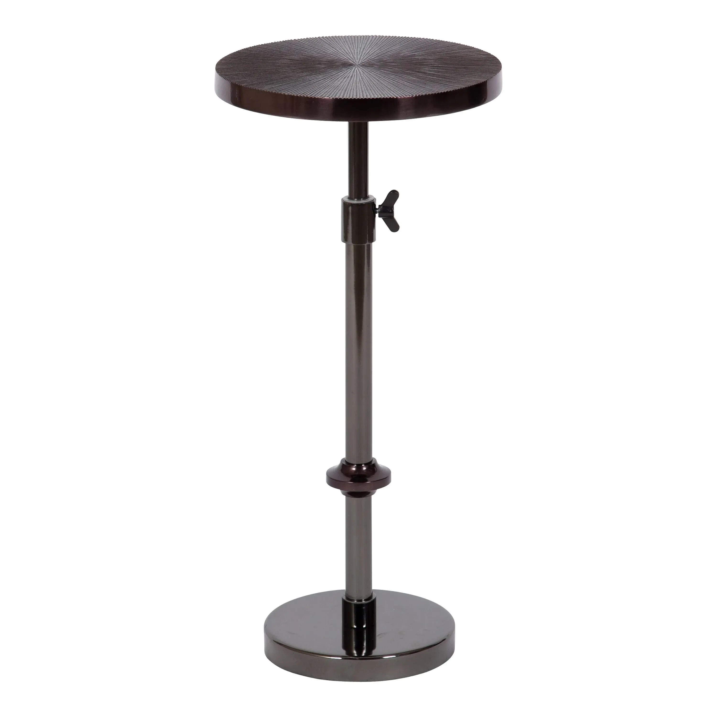 Kate and Laurel Engles Transitional Adjustable-Height Pedestal Drink Table, 10 x 10 x 30, Gray Gunmetal, Vintage Round Indoor Metal Plant Stand with Embossed Sunburst Pattern