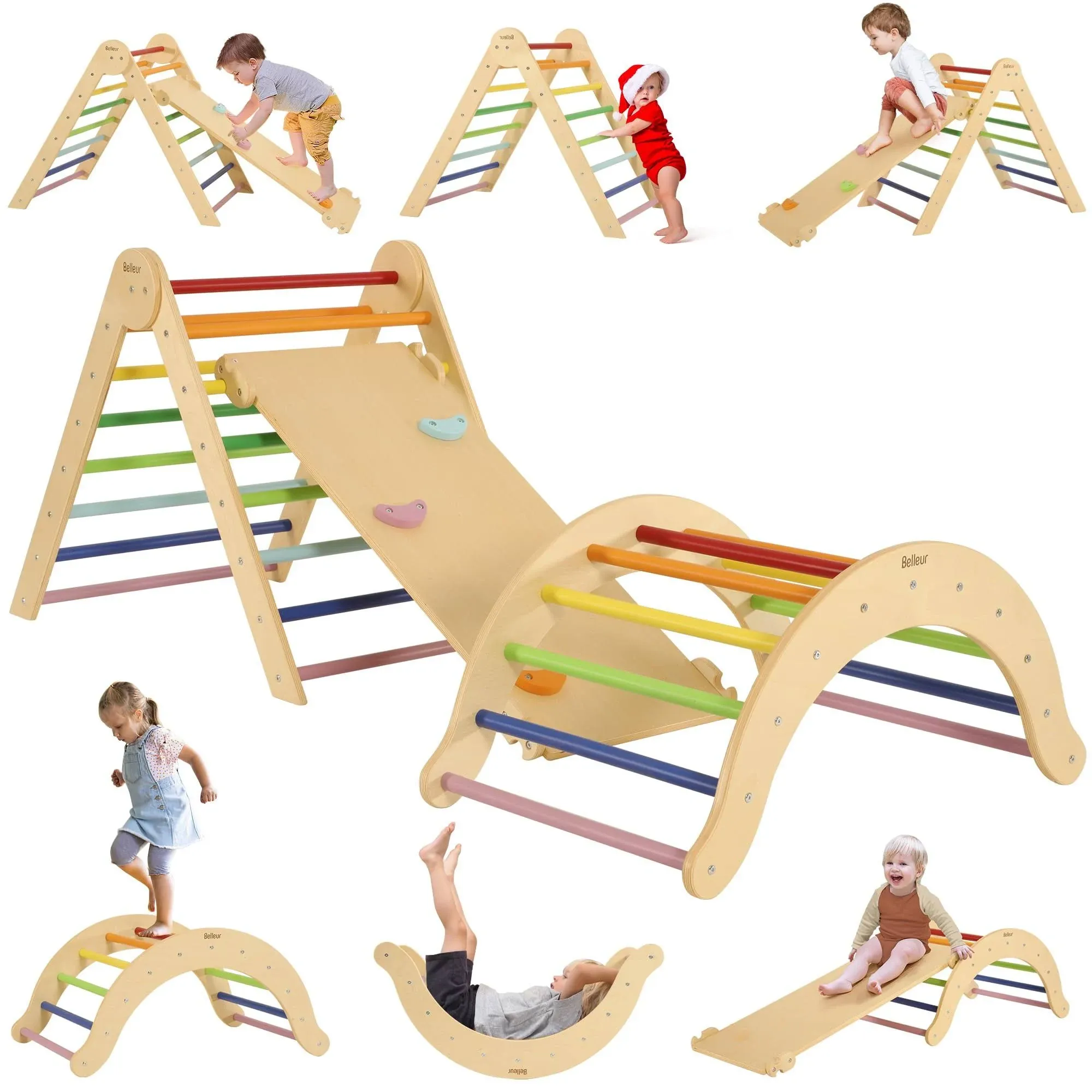 7 in 1 Wood Pikler Triangle Set, Foldable Toddler Climbing Toys Indoor, Montessori Climbing Set with Ramp, Arch & Climbing Triangle, Baby Climbing Gym, Indoor Playground for Kids 1-6 - Rainbow