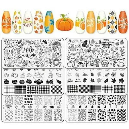 Whaline 6Pcs Fall Thanksgiving Theme Nail Art Stamping Plate Kit Various Pattern Pumpkin Maple Autumn Blessing Collection Nail Art Plate for Thanksgiving Day Nail Art Design DIY Print Manicure Salon