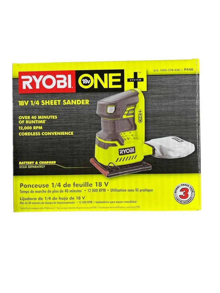 Ryobi P440 ONE+ 18V Lithium Ion 12,000 RPM 1/4 Sheet Palm Sander w/ Onboard Dust Bag and Included Sanding Pads (Battery Not Included, Power Tool