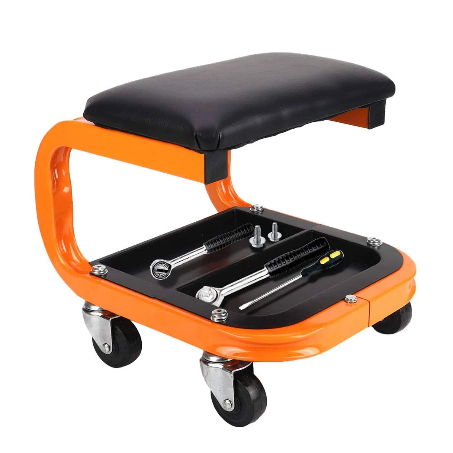 Heavy Duty Rolling Creeper Garage Shop Seat Rolling Garage Stool Big Padded Mechanic Seat Mechanics Stool with Segmented Tool Tray Storage and 4 Rubber Swivel Casters - 400 lbs Capacity