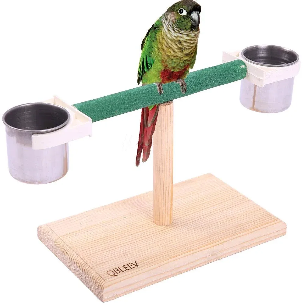 QBLEEV Bird Play Stands with Feeder Cups Dishes, Tabletop T Parrot Perch, Wood Bird Playstand Portable Training Playground, Bird Cage Toys for Small Cockatiels, Conures, Parakeets, Finch