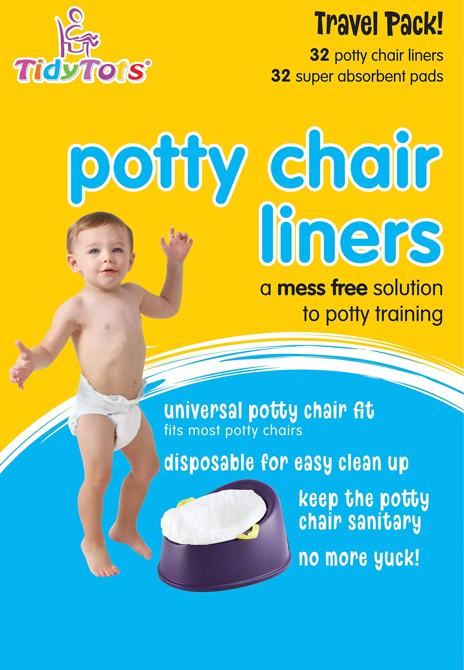 Tidy Tots Portable Potty Chair Liners, Disposable Potty Seat Covers, 32 Liners and 32 Super-Absorbent Pads, XL