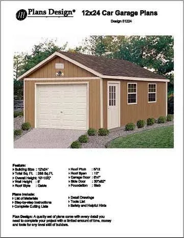 12' X 24' Car Garage Project Plans -Design #51224