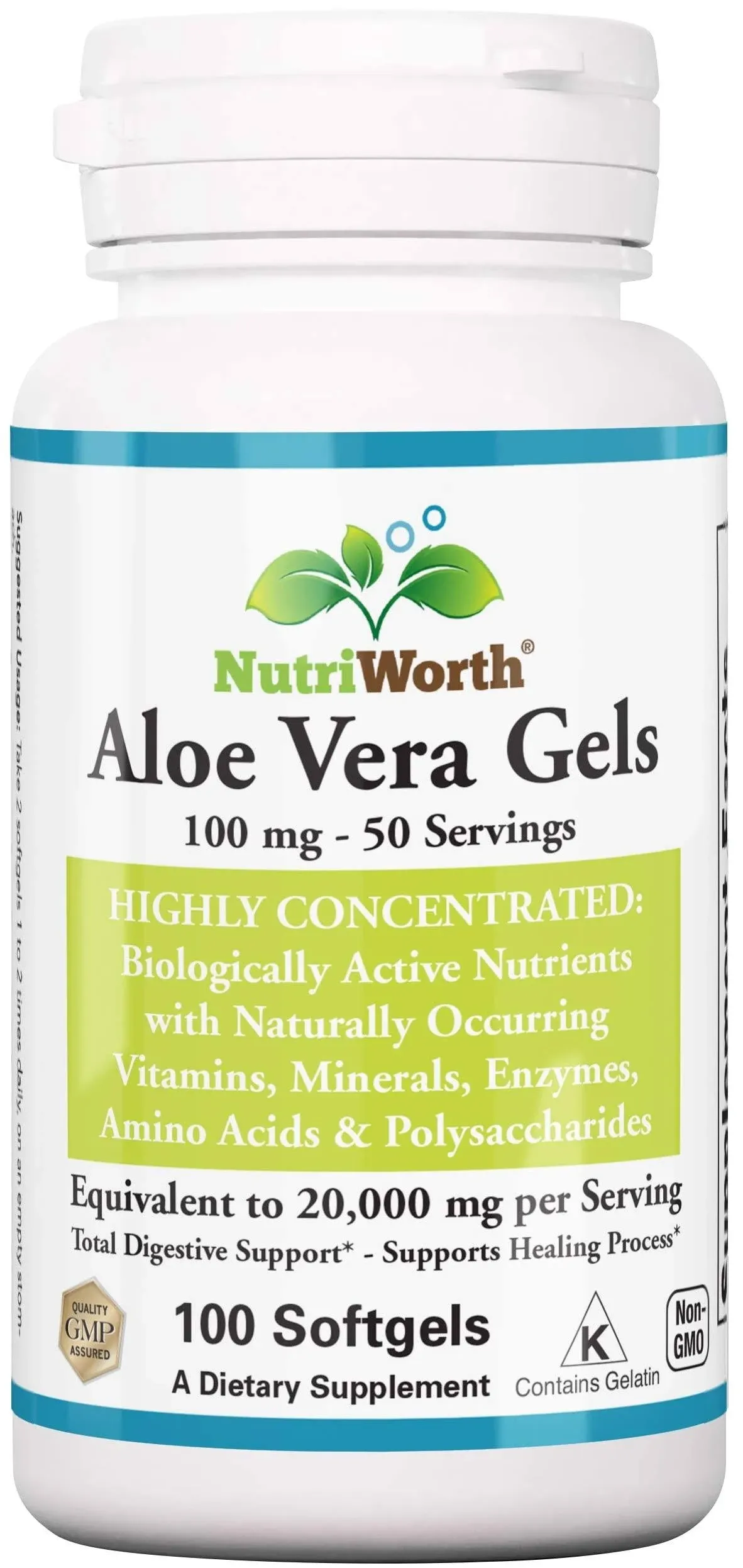 NutriWorth Aloe Vera Supplement 100 Softgels 20000mg Pure Gel Equivalency – M...