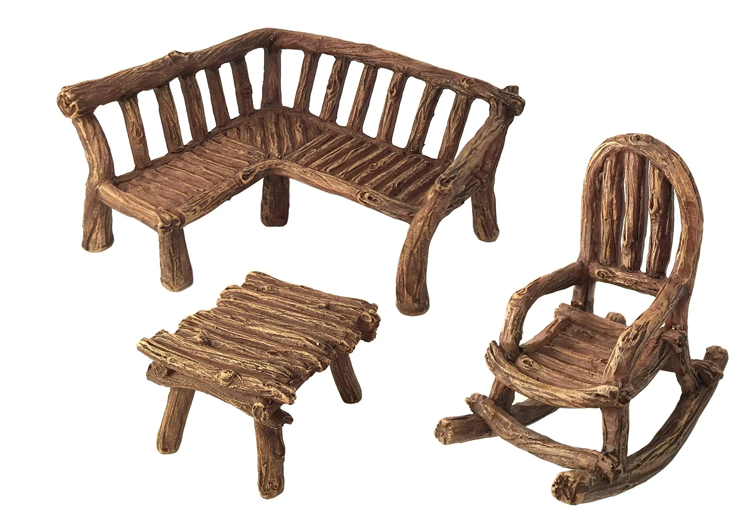 GlitZGlam Miniature Fairy Garden Furniture 3-Piece: Rustic Wood Bench, Rocking ...