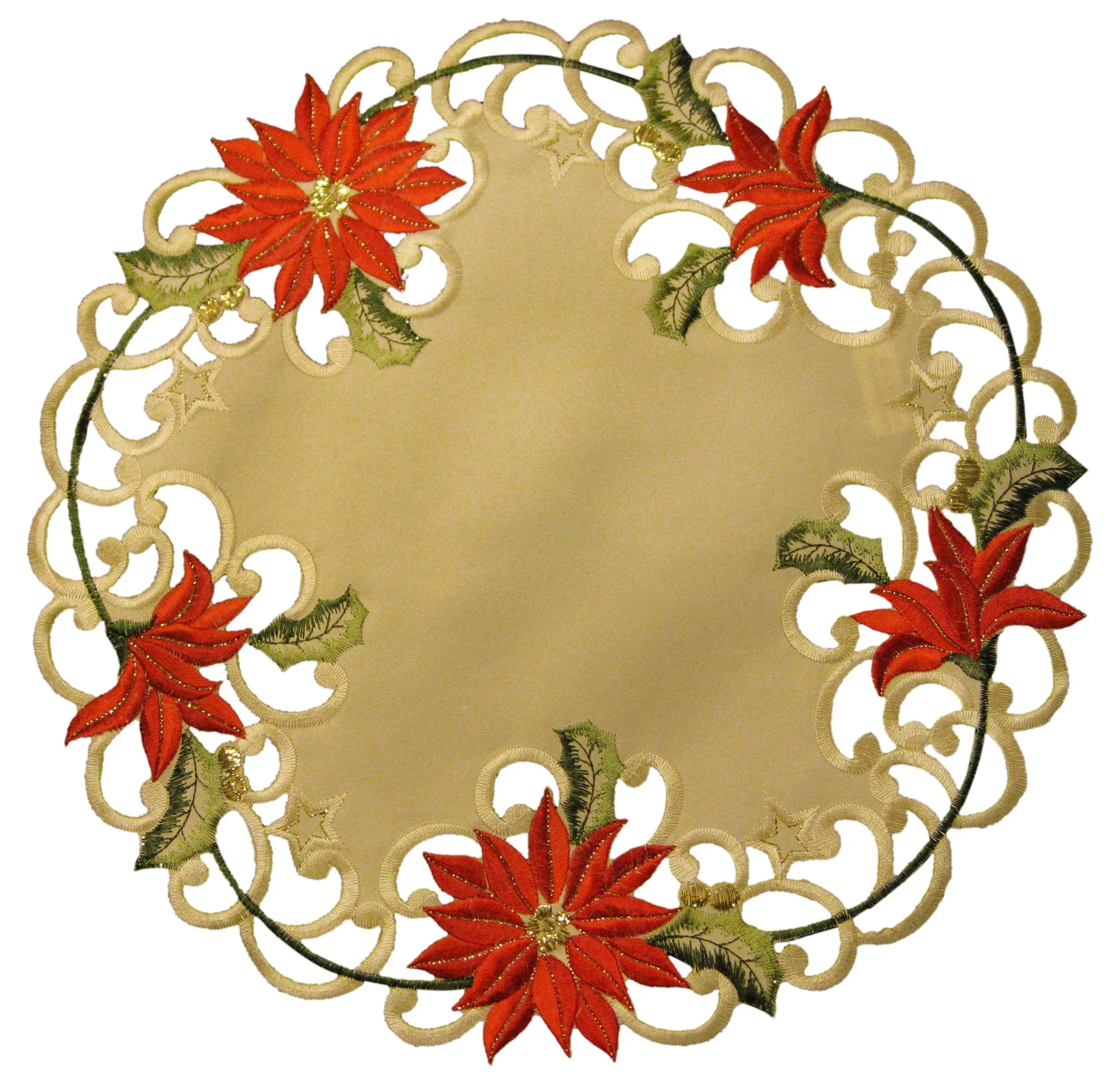 Sainty H7795-(024) Red Poinsettia Round Doily, 24", Cream