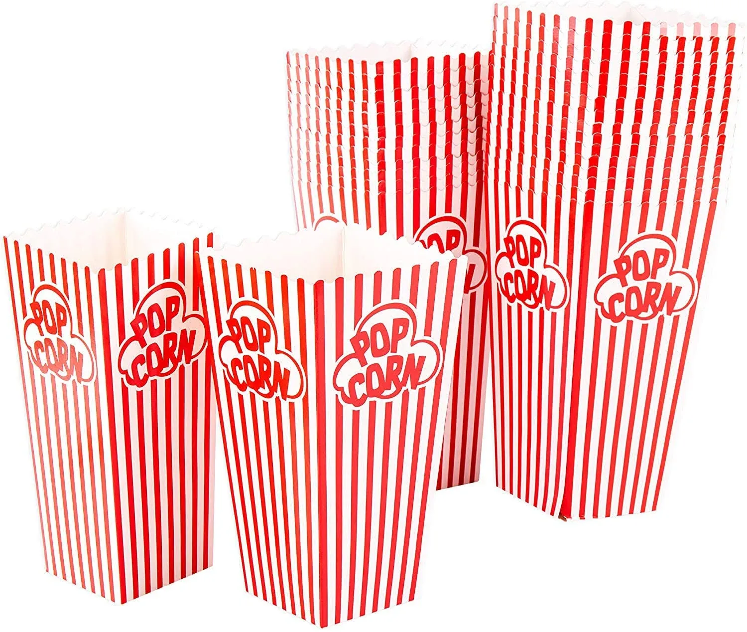 Popcorn Containers Boxes (100 Pack) - Striped White and Red Paper - for Home