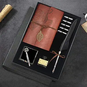 Quill Pen and Ink Set, Antique Feather Dip Calligraphy Pen Set, Including Feather Pen, 5 Replacement Nibs, Pen Nib Base, Notebook, Ink, Gift Box, Best