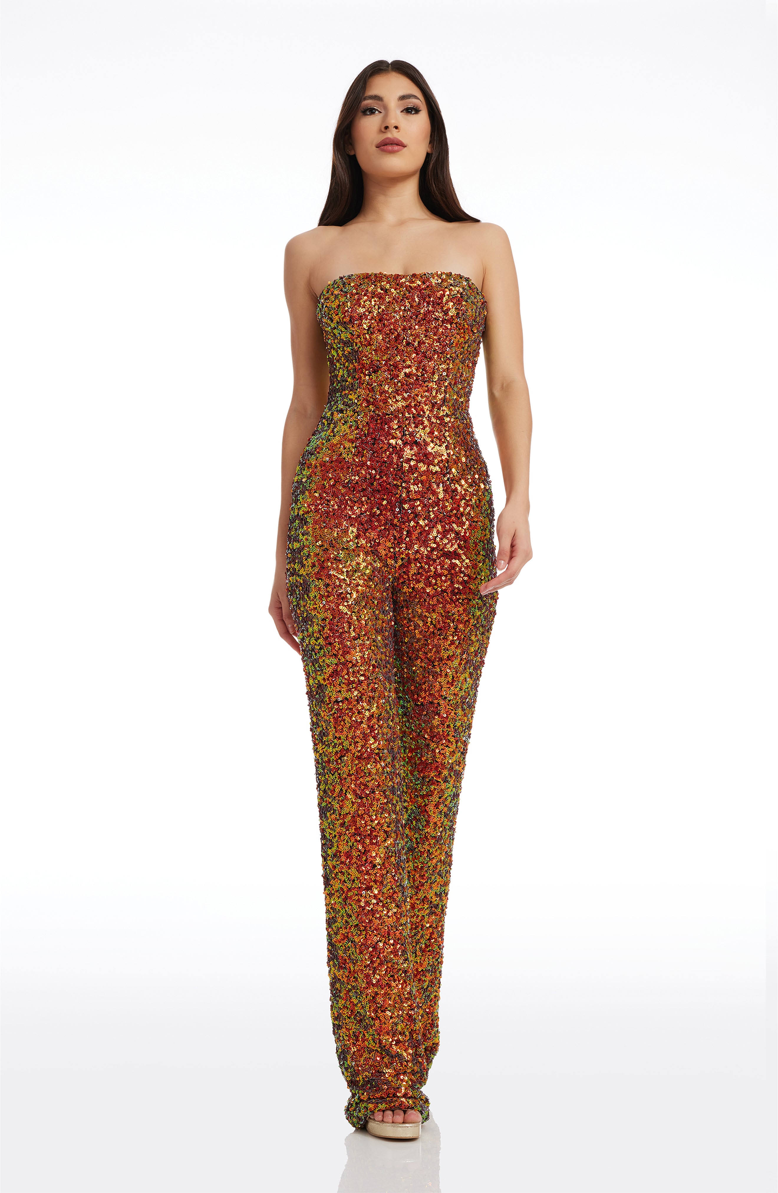 Dress The Population Andy Sequin Strapless Jumpsuit in Cayenne