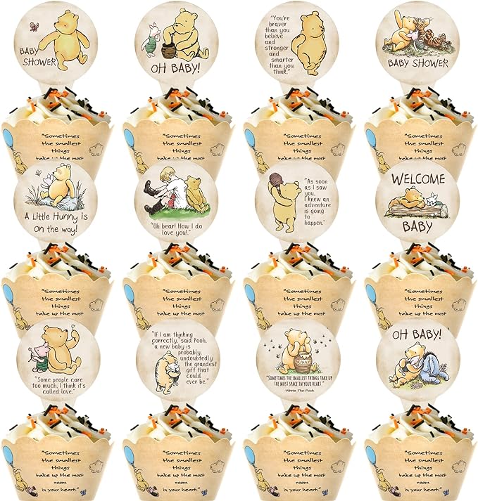 72 Pcs Winnie Baby Shower Cupcake Toppers and Wrappers Set, Classic the Pooh Party Supplies for Birthday Party or Bridal Shower