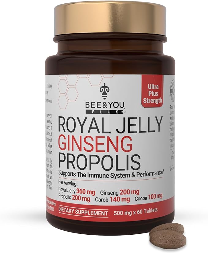 Bee and You Royal Jelly with Ginseng, Propolis Extract, 60ct, 100% Natural Superfood, Ultra Pure, Immune Support Supplement, Antioxidants, Keto, Paleo, Gluten-Free