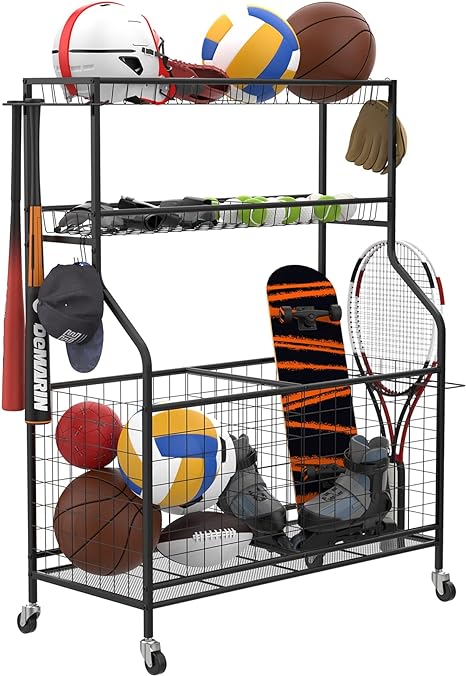 Garage Sports Equipment Organizer, Ball Storage Rack Indoor/Outdoor Rolling Ball Cart with Baskets and Wheels