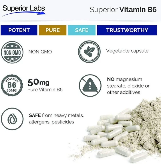 #1 Vitamin B6 - Powerful 50mg- 120 Vegetable Capsules - Formulated and Manufactu