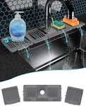 Abulun spliced sink splash guard-silicone draining mat for kitchen sink-faucet drain pad with 2 sponge holder and dish soap tray-rubber handle drip