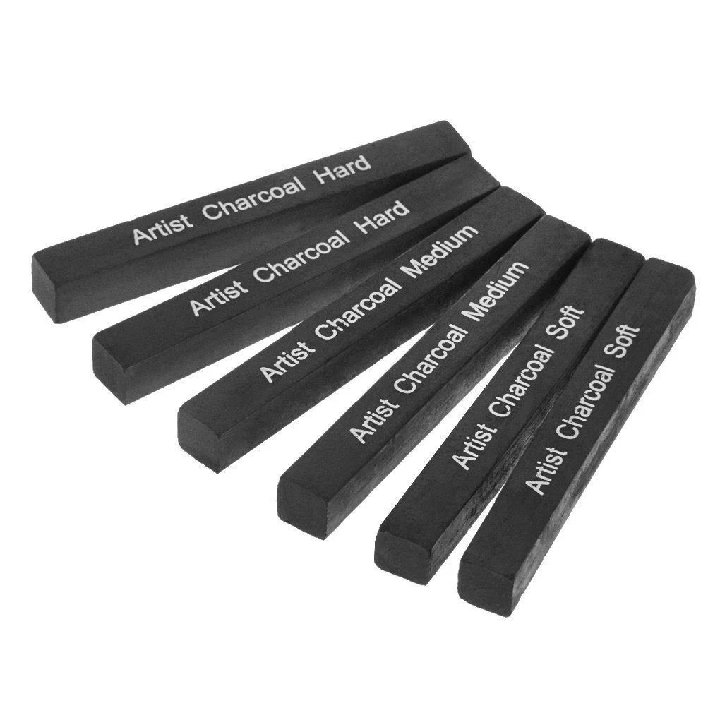 Artist Compressed Charcoal Sticks for Sketching, Drawing, Shading, Soft, Medium, Hard, Art Supplies Sketch Kits Tools, 6-Piece Boxed