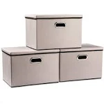 PRANDOM Large Foldable Storage Bins with Lids [3-pack] Linen Fabric Storage Boxes Organizer Containers Baskets Cube with Handles Divider for Bedroom