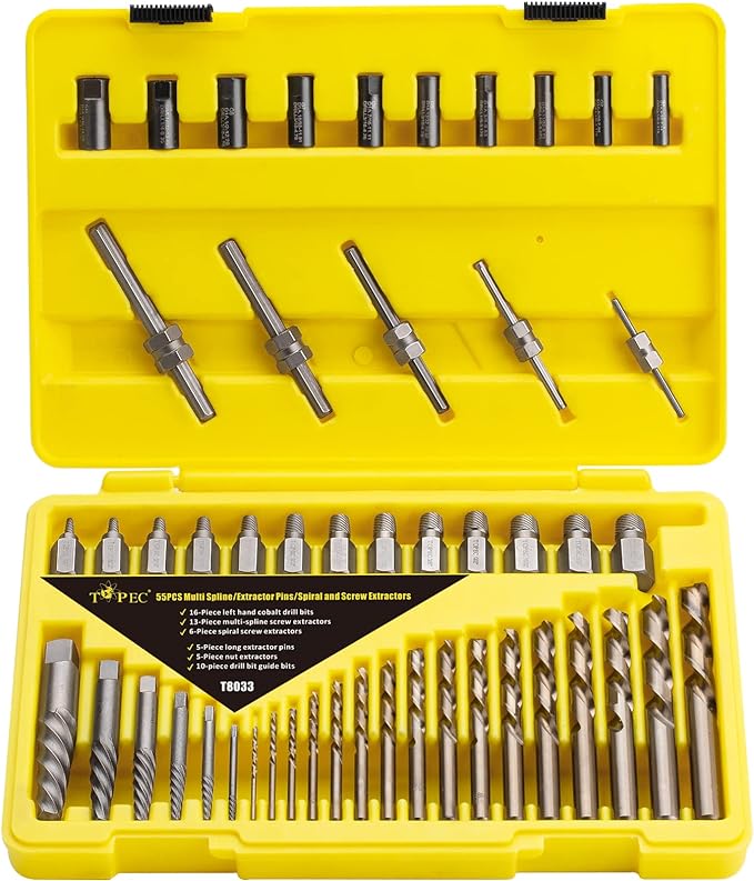 Topec 55-Piece Screw Extractor & Broken Bolt Extractors, Multi-Spline Extractors, and Drill Bits for Removing Damaged, Frozen, Rusted, Rounded-Off Bolts & Screws