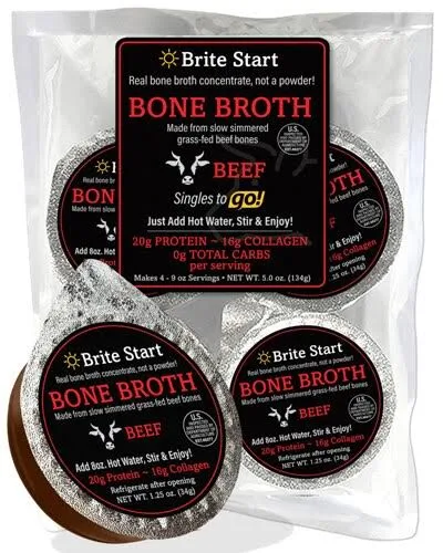 Brite Start Bone Broth - Beef Bone Broth - 4 Count - Keto Friendly Concentrate Packed with 16g Collagen, 20g Paleo Protein -Made from Organic Grass