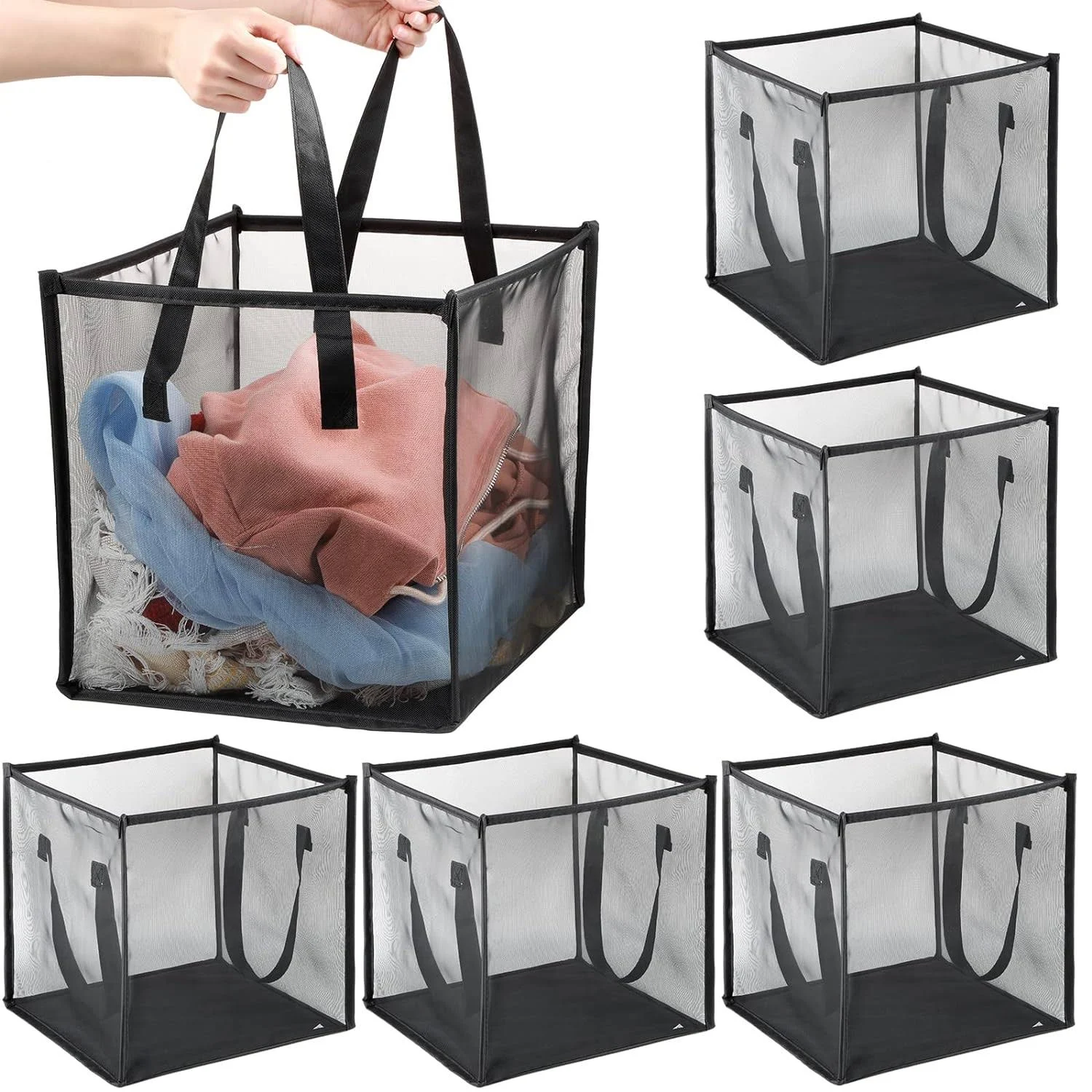 Zopeal 6 Pcs Popup Laundry Hamper 12.6 Inch Small Collapsible Laundry Baskets with Handles, Portable Mesh Laundry Hamper, Single Layer Foldable Clothes Hamper for Washing, Toy Storage (Black)