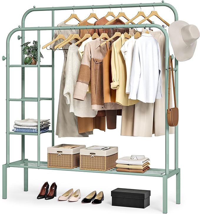 JOISCOPE Double Rods Portable Garment Rack for Hanging Clothes, 49.6 * 62.2 inch ...