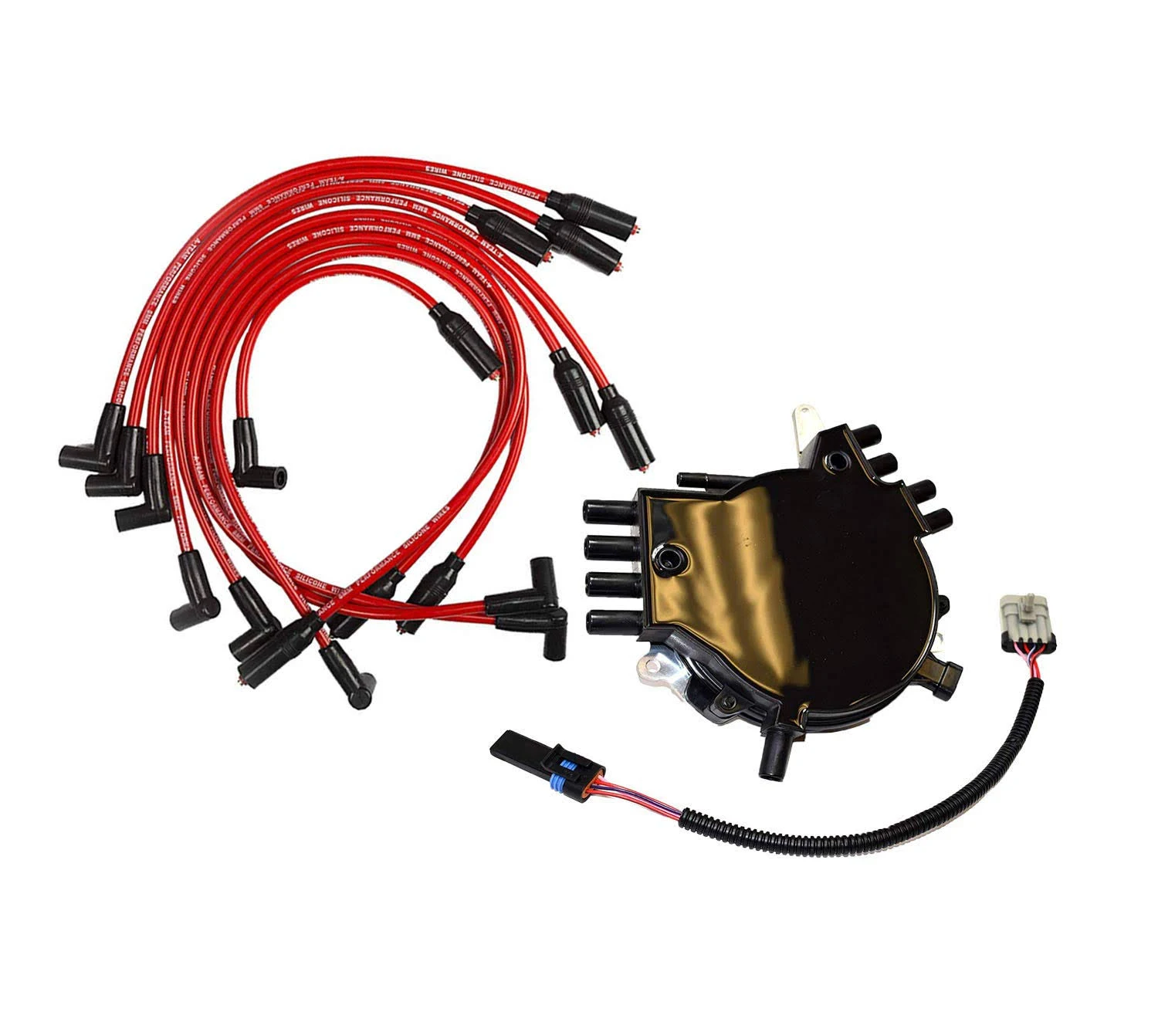 A-Team Performance - Complete Optispark Spline Drive Distributor with Spark Plug Wires - Compatible with Chevy Chevrolet GMC 95-97 LT1 LT4 Corvette Camaro V8 5.7L Black Cap