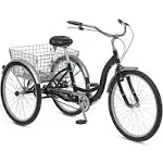 Schwinn Meridian Adult Tricycle Bike, Three Wheel Beach Cruiser, 24 & 26-Inch Wheels, Low Step-Through Aluminum Frame, Adjustable Handlebars, Large Cruiser Seat, Rear Folding Basket