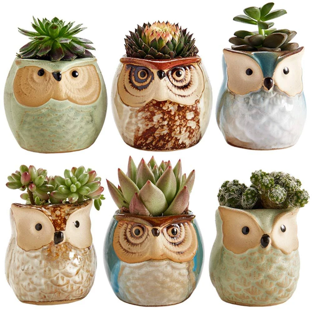 Sun-E SE Owl Pot Ceramic Flowing Glaze Base Serial Set Succulent Plant Pot Cactus Plant Pot Flower Pot Container Planter with Drainage Hole Home